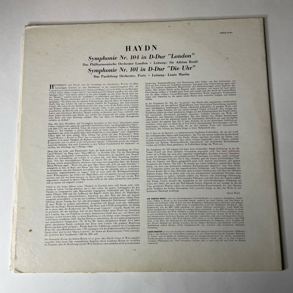 Винтажная виниловая пластинка LP Haydn Гайдн, Paris Symphonie Nr. 104 In D-dur London, Symphonie Nr. 101 In D-dur Die Uhr (Германия 1967)