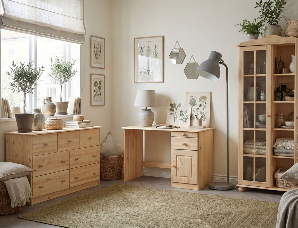 Стол компьютерный, 110х55х74, Вадим, из массива дерева, с ящиком и тумбой, лакированный, Dipriz