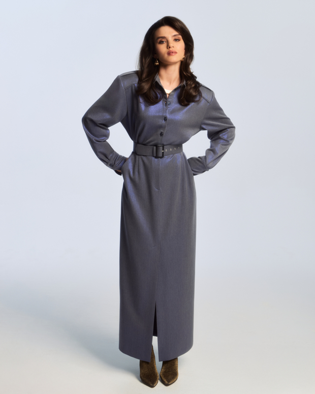 ПЛАТЬЕ ИЗ СИНЕЙ КОСТЮМНОЙ ТКАНИ С ЛЮРЕКСНЫМ НАПЫЛЕНИЕМ