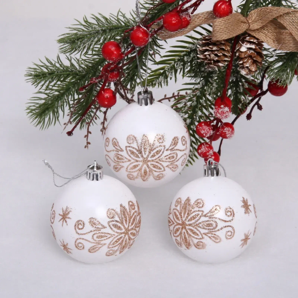 Новогодние шары 7см (набор 3 шт) «Павлиний хвост», белый/шампань