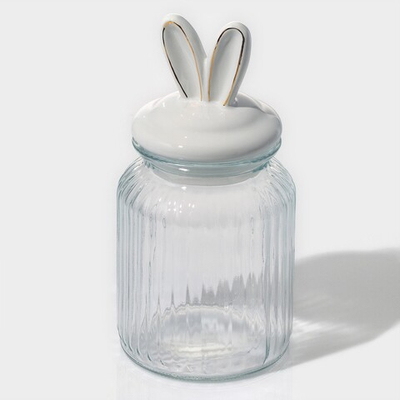Банка стеклянная для сыпучих продуктов с керамической крышкой Зайка в золотом, 950 мл
