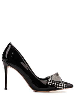 Женские туфли кожаные черно-белые с бантом у носка