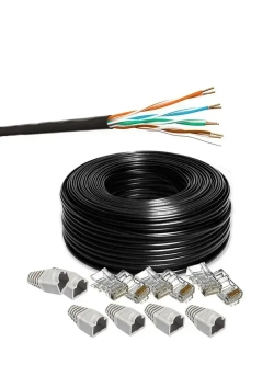 Комплект: Интернет кабель уличный витая пара UTP 4 cat.5e, одножильный с коннектором rj45 и колпачками rj45 внешний для наружной прокладки 100 метров