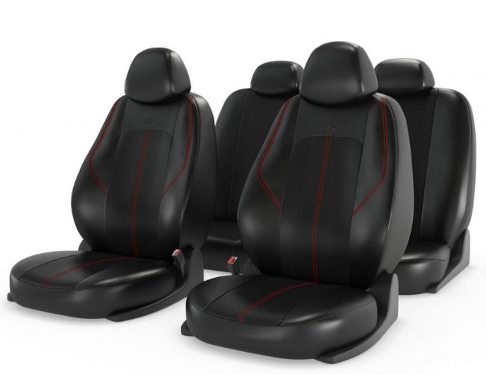 Чехлы на сидения CarFashion «RANGER LEATHER» 11210 - Экокожа -черный/черный перф/шов красный
