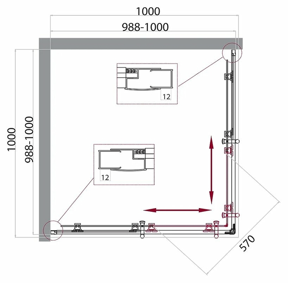 Душевой уголок BelBagno Uno 100х100 UNO-195-A-2-100-C-NERO профиль Черный матовый стекло прозрачное