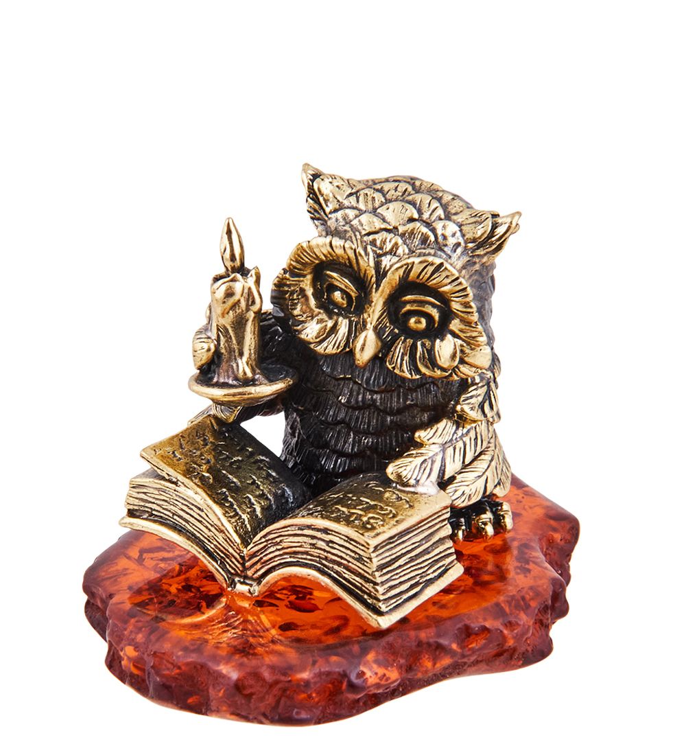 Народные промыслы AM-3708 Фигурка «Сова Читатель» (латунь, янтарь)