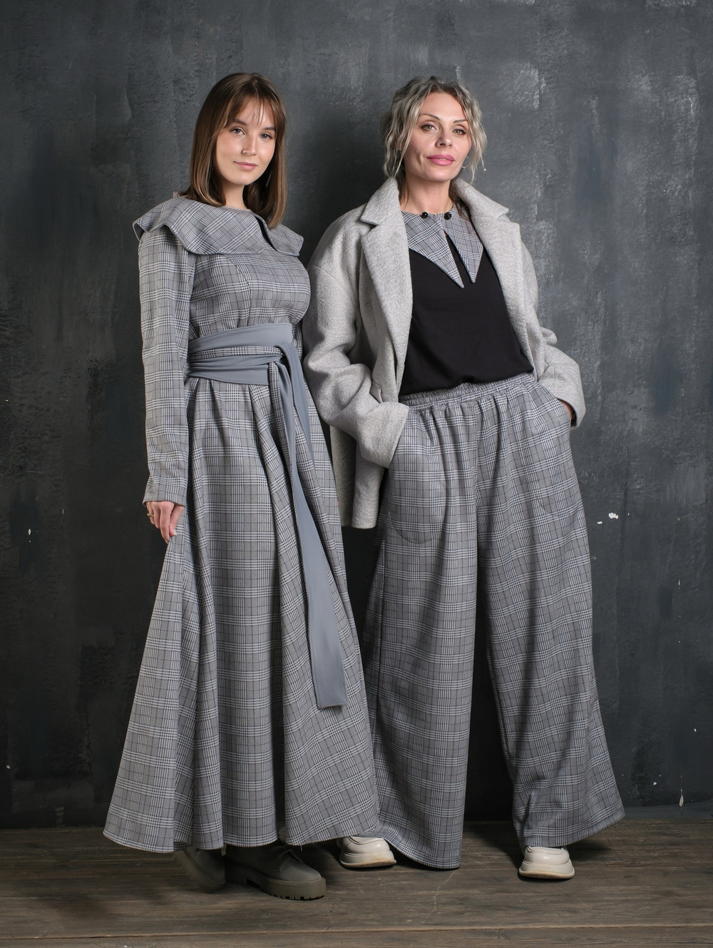 Платье с кушаком /серо-голубая клетка