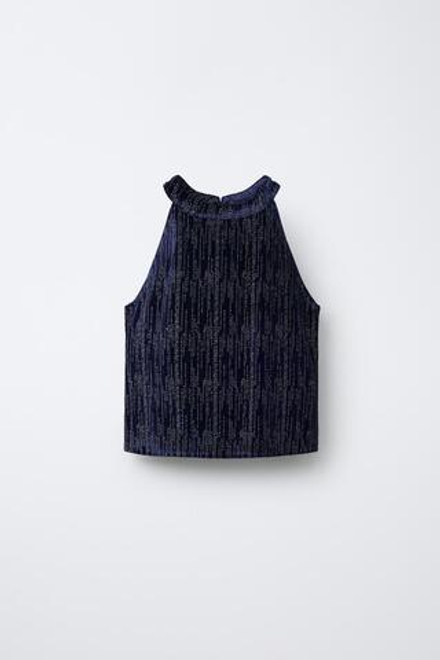 ZARA БАРХАТНЫЙ ТОП С БЛЁСТКАМИ, ЦВЕТ НОЧНОГО НЕБА