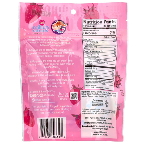 Zollipops, The Clean Teeth Pops, ZolliPops, леденцы с клубничным вкусом, 15 шт., 88 г (3,1 унции)
