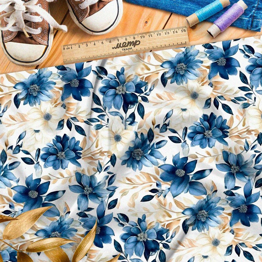 Ткань премиум шифон цветочные серо-голубые мотивы