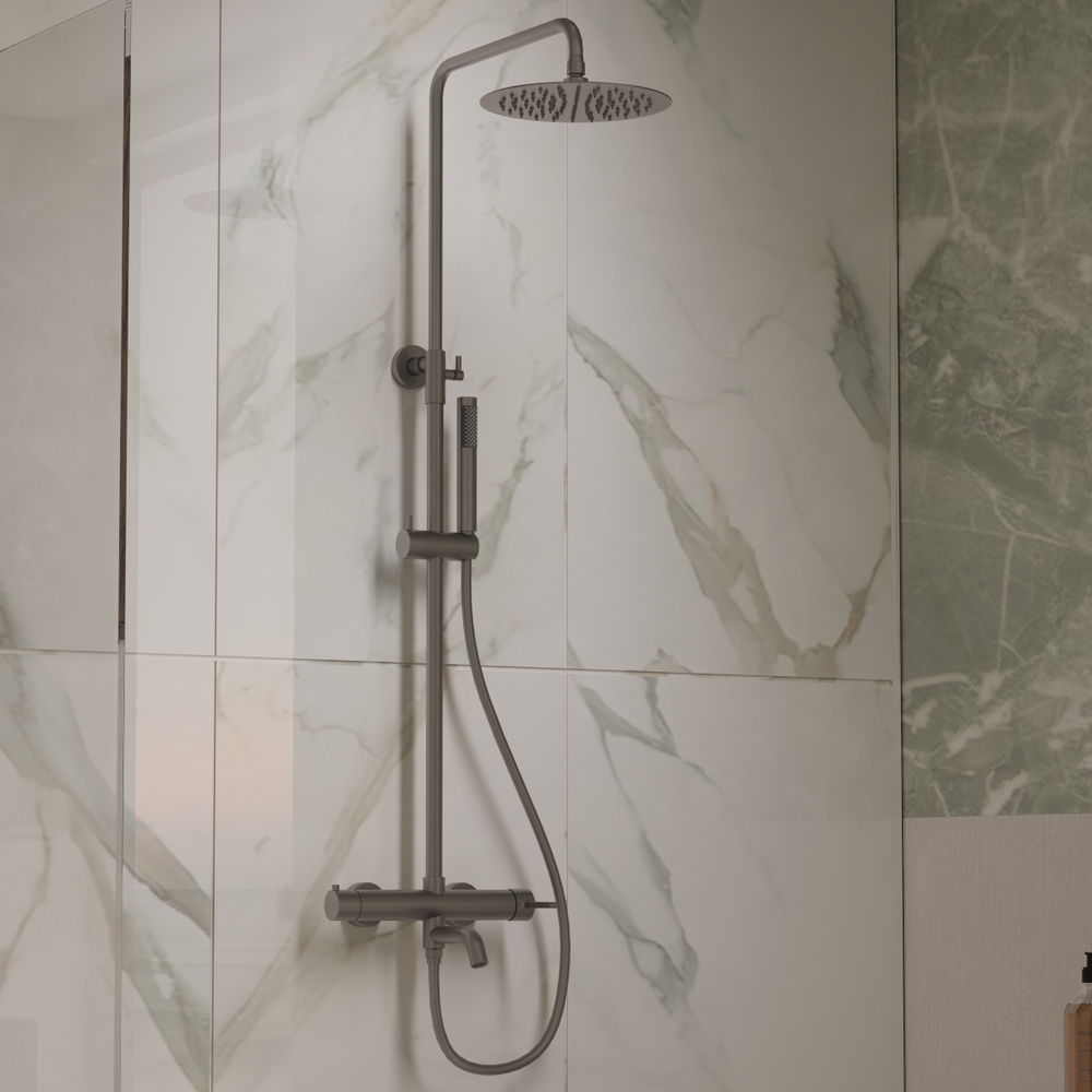 Душевая стойка Vincea Villa VSFS-1VL1GM с изливом, 25см верх. душ из нерж. стали, вороненая сталь