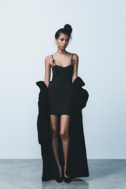 ZARA ПЛАТЬЕ ИЗ СМЕСОВОГО ПОЛИАМИДА С БАНТИКАМИ, ЧЕРНЫЙ