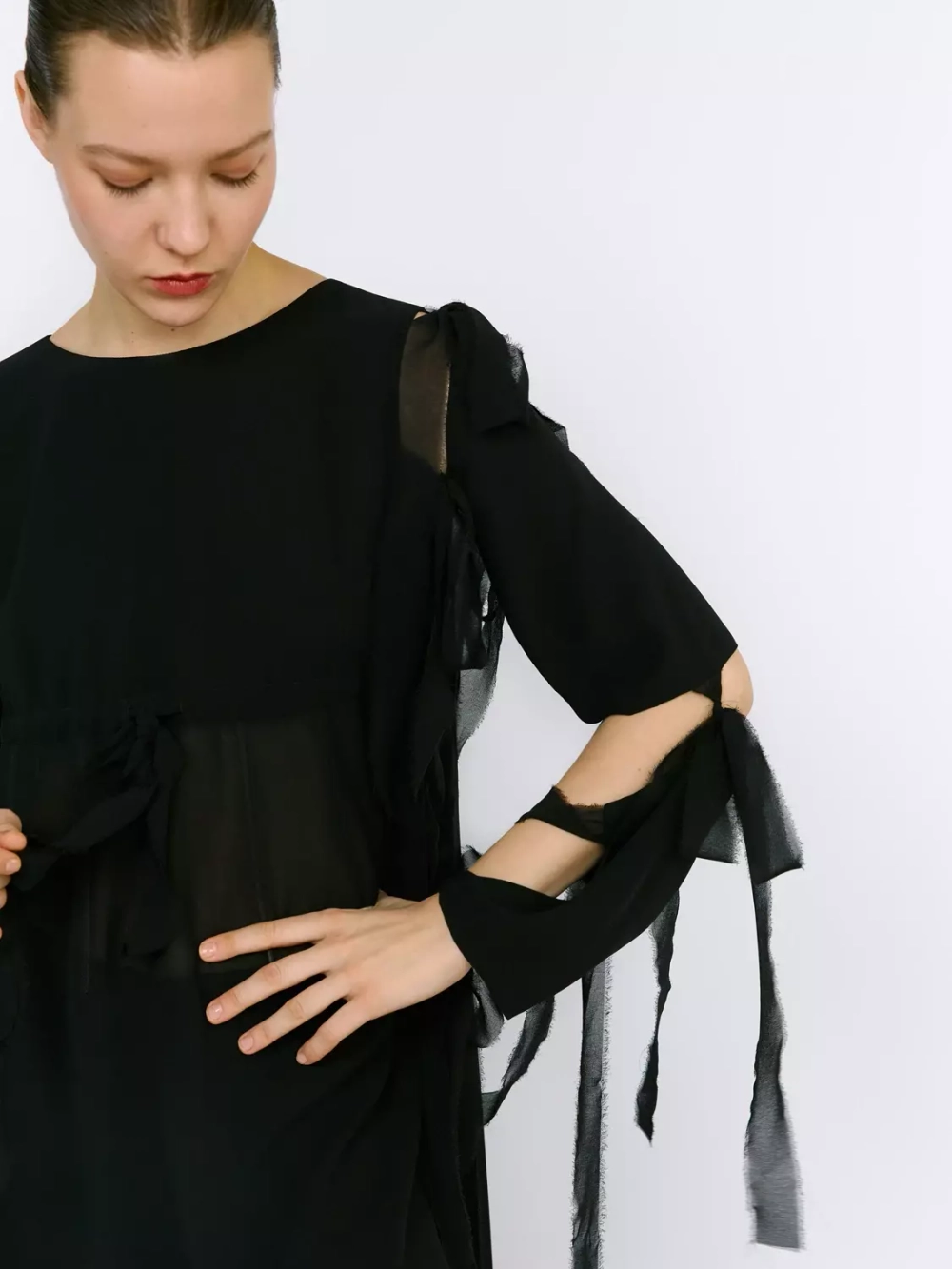 Платье черное из шифона со съемными рукавами OLA OLA