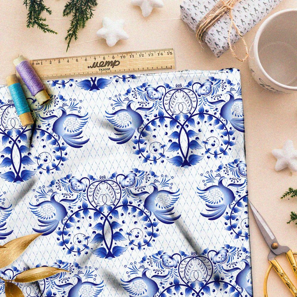 Ткань кулирная гладь крупная отзеркаленная гжель