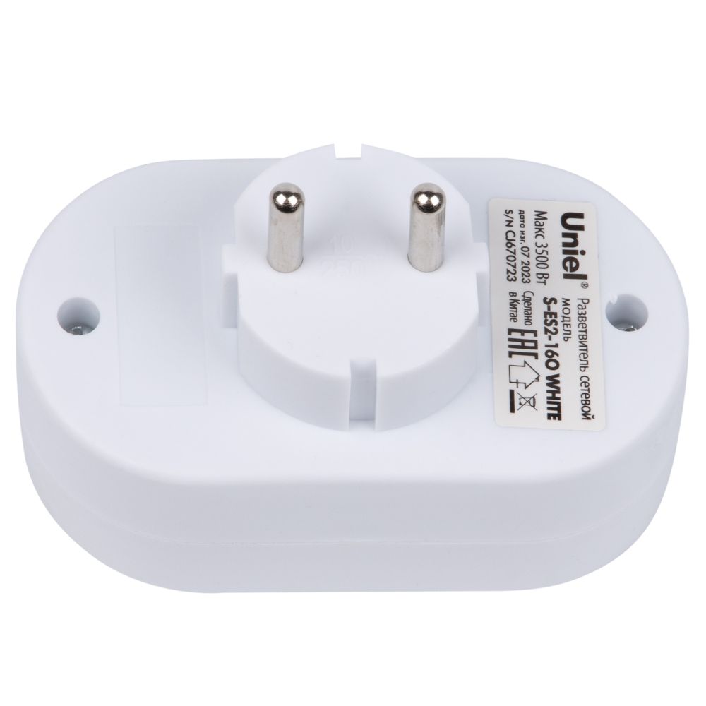 S-ES2-16O WHITE Разветвитель сетевой. б-з. 2 гнезда. 16А. 3500Вт. Белый. ТМ Uniel