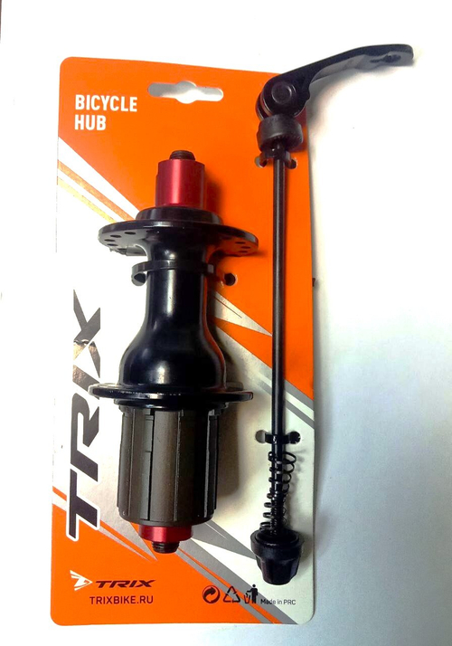 Втулка TRIX задн. ROAD, алюминиевая, под кассету 8-11скоростей, на эксцентрике, 32 отверстия, ось M10x130x140мм, промподшипники, красно-черная, инд.упак.