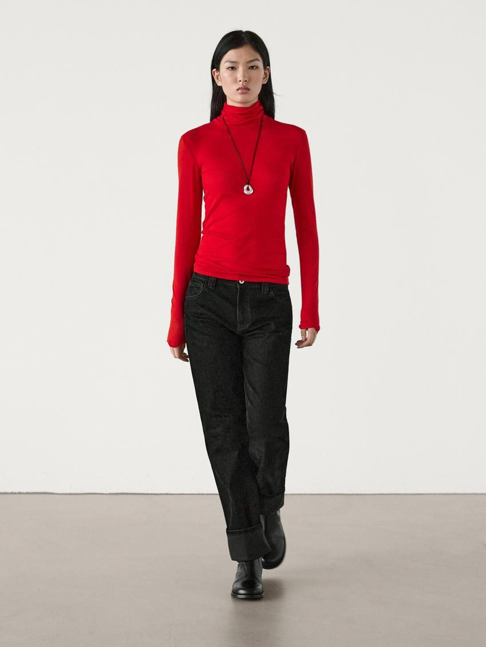 Massimo Dutti Топ из смесового лиоцелла с длинными рукавами, красный