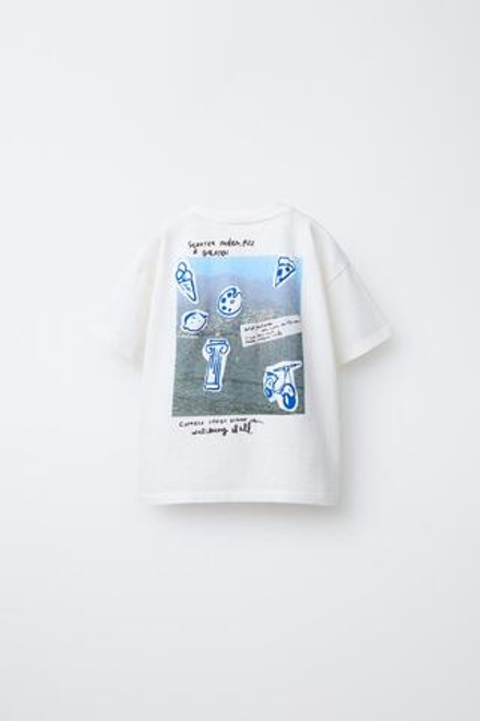 ZARA ФУТБОЛКА С ПРИНТОМ, ЖЕЛТОВАТО-БЕЛЫЙ