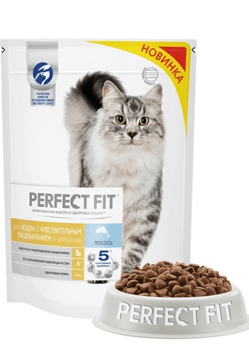 Сухой корм Perfect Fit Sensitive для кошек с чувствительным пищеварением, с лососем, 650 г
