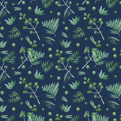 акварельные веточки и листья на синем фоне