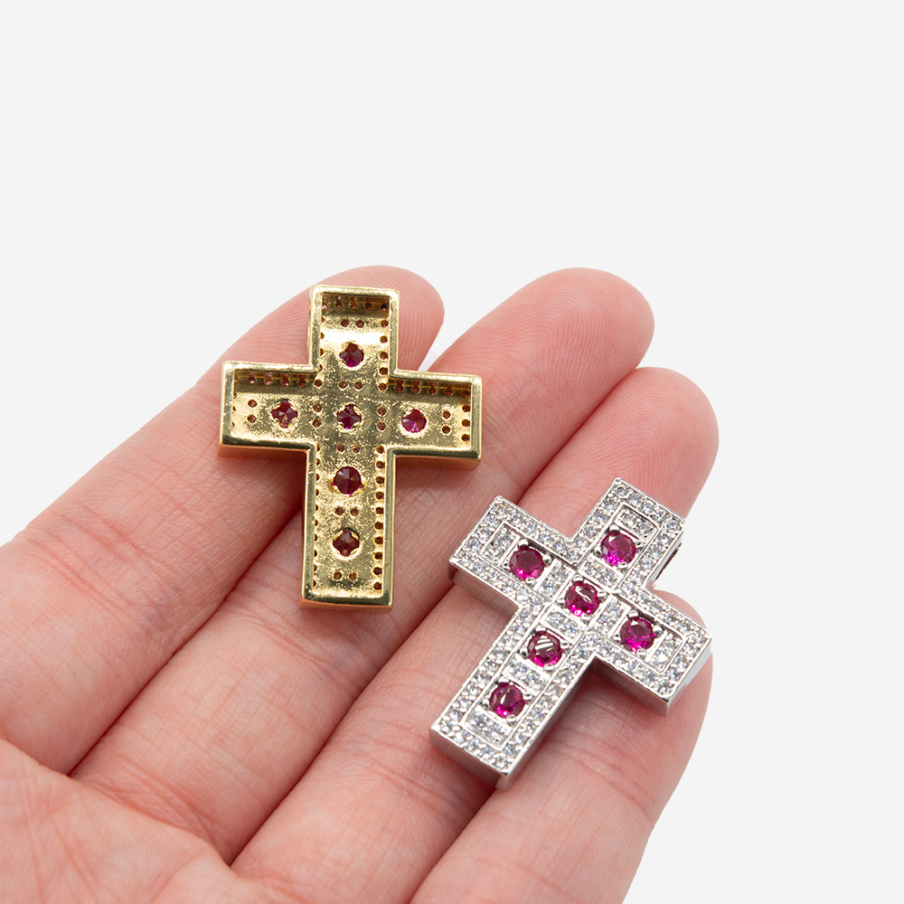 Подвеска "Крестик", ярко-розовые фианиты, позолота, 28*22мм