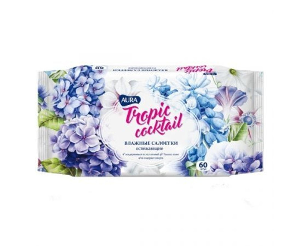 Влажные салфетки 60шт/уп освежающие с антибактериальным эффектом AURA Tropic cocktail Коттон Клаб