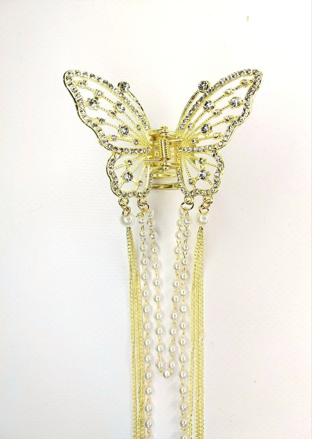 Блестящий краб-бабочка для волос с кисточками со стразами и жемчугом (имитация) . Золото