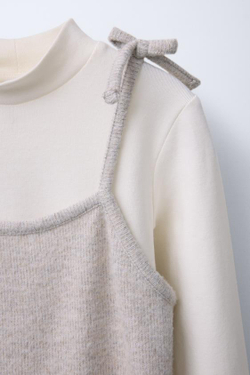 ZARA ТРИКОТАЖНЫЙ ТОП С КОНТРАСТНЫМИ РУКАВАМИ, БЕЖЕВЫЙ