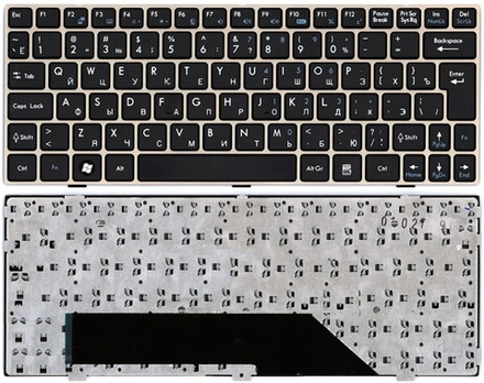 Клавиатура для ноутбука MSI U160, L1350, U135 Series (Г-образный Enter, черная, с золотистой рамкой)