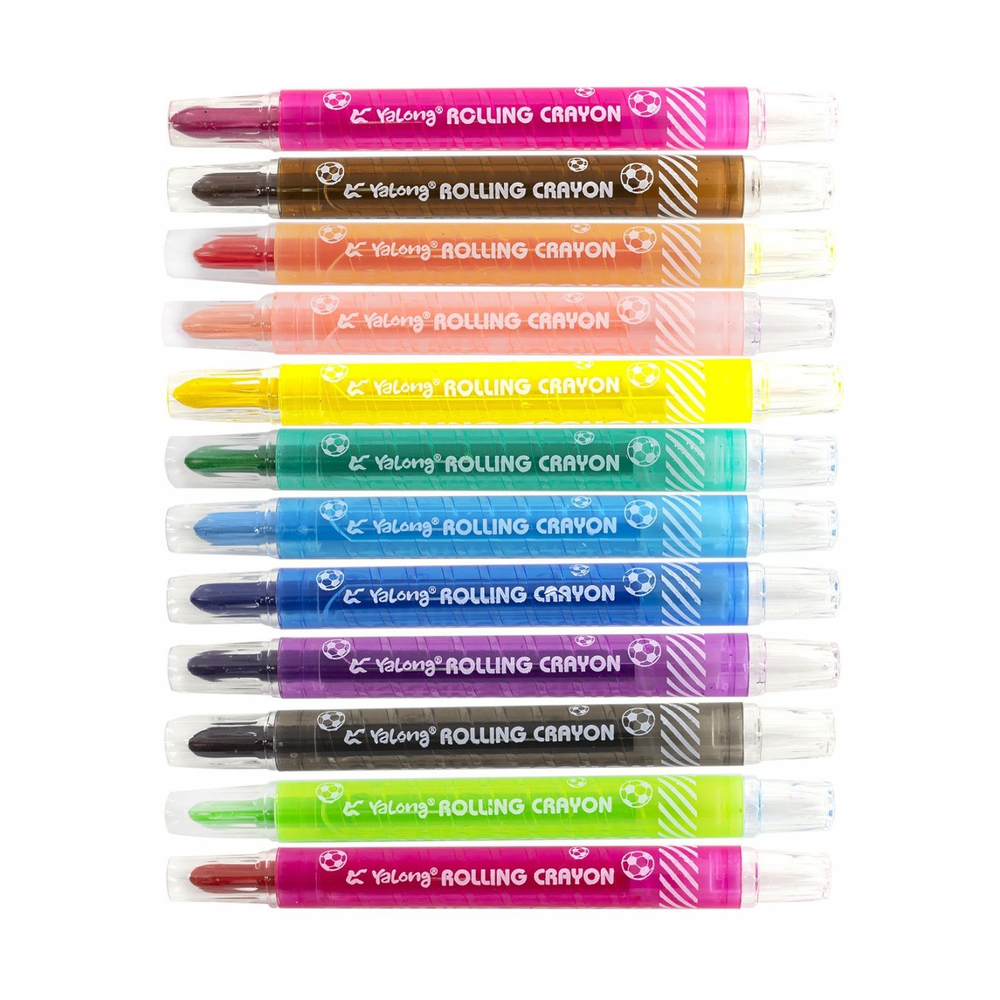 Мелки восковые Yalong 12 цв., "Rolling Crayon", пластиковый прозрачный корпус с рисунком и выдвижным механизмом, упаковка ПВХ, европодвес