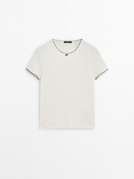 Massimo Dutti Футболка с короткими рукавами и контрастным бантом, натуральный, кремовый