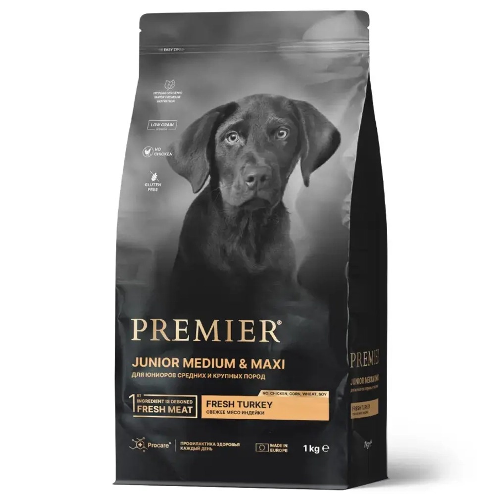 Premier dog turkey junior medium & maxi сухой корм для юниоров средних и крупных пород, свежее мясо индейки - 1 кг