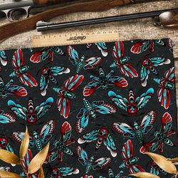 Ткань шелк Армани красно-синие цикады на чёрном фоне