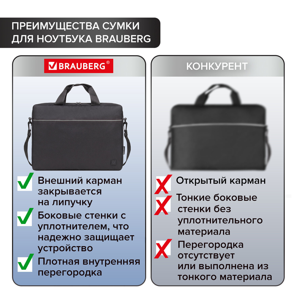 Сумка портфель BRAUBERG PRACTICAL с отделением для ноутбука 15 6" Grey line черная 29х40х7 см