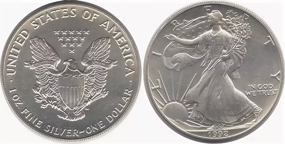 1 Доллар 1992 ШАГАЮЩАЯ СВОБОДА США Унция СЕРЕБРО