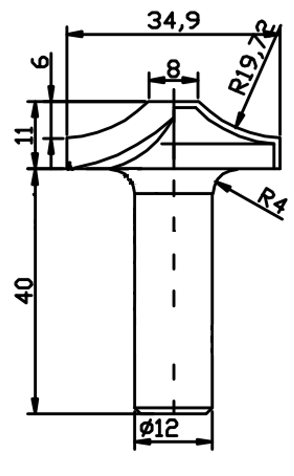 PCD профильная фреза D.31,9x11 S.12x40 Z2