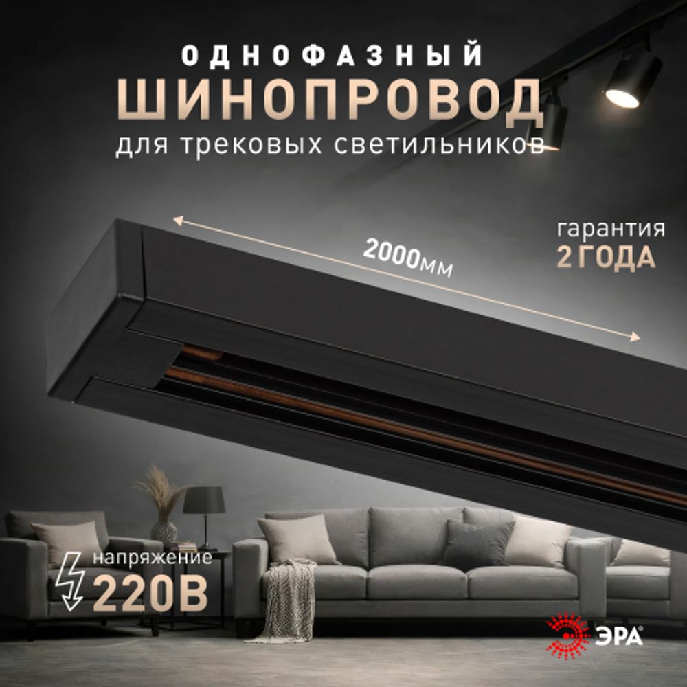 Шинопровод однофазный ЭРА TR-200-1PT BK 2м черный | Однофазный шинопровод и аксессуары