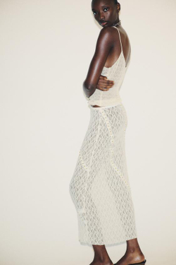 ZARA КРУЖЕВНАЯ ЮБКА МИДИ С ЗАКЛЕПКАМИ, ЭКРЮ