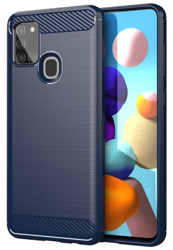 Чехол в стиле карбон на Samsung Galaxy A21S, темно-синий цвет, серия Carbon от Caseport