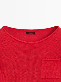 Massimo Dutti Свитер из хлопкового и льняного трикотажа с карманом, красный