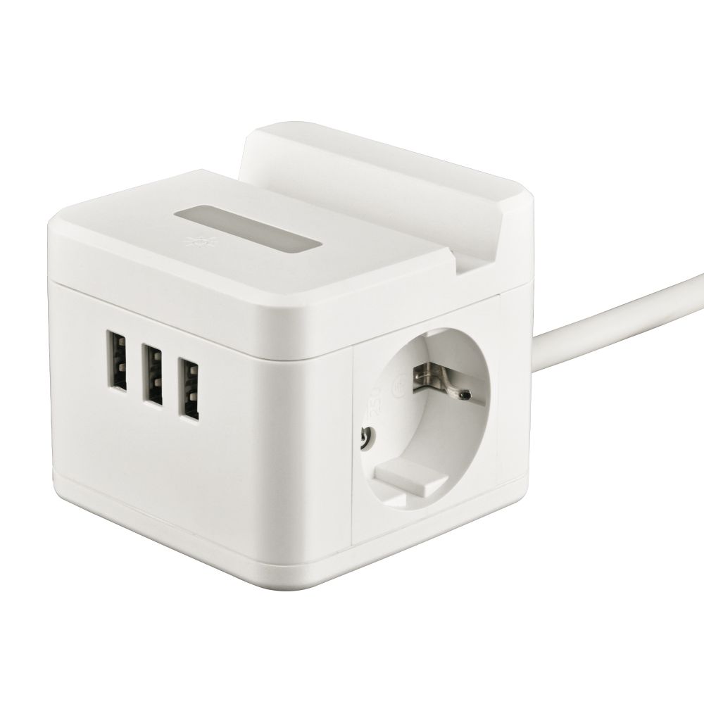 S-GCD2-1,5SBUH WHITE Удлинитель серии Standard, с/з, шнур 1,5м, 2 гнезда, 3 USB, 16А, держатель для телефона. Белый. ТМ Uniel