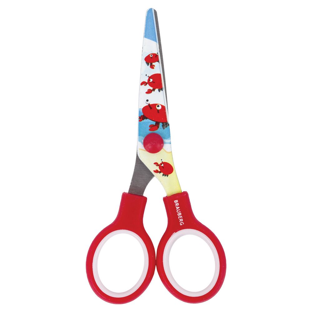 Ножницы BRAUBERG "Kid Series", 130 мм, красные, с цветной печатью "Крабы", закругленные, 23227, 232270