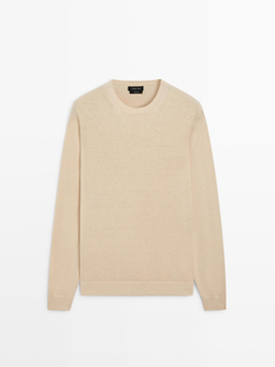 Massimo Dutti Вязаный льняной свитер с круглым вырезом, ванильный
