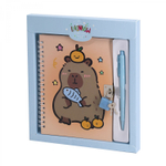 Блокнот в футляре, 17,5 см * 19,5 см, гребень, Alingar, ламинация, ручка, замочек, клетка, 45 л., "Забавные капибары", голубой