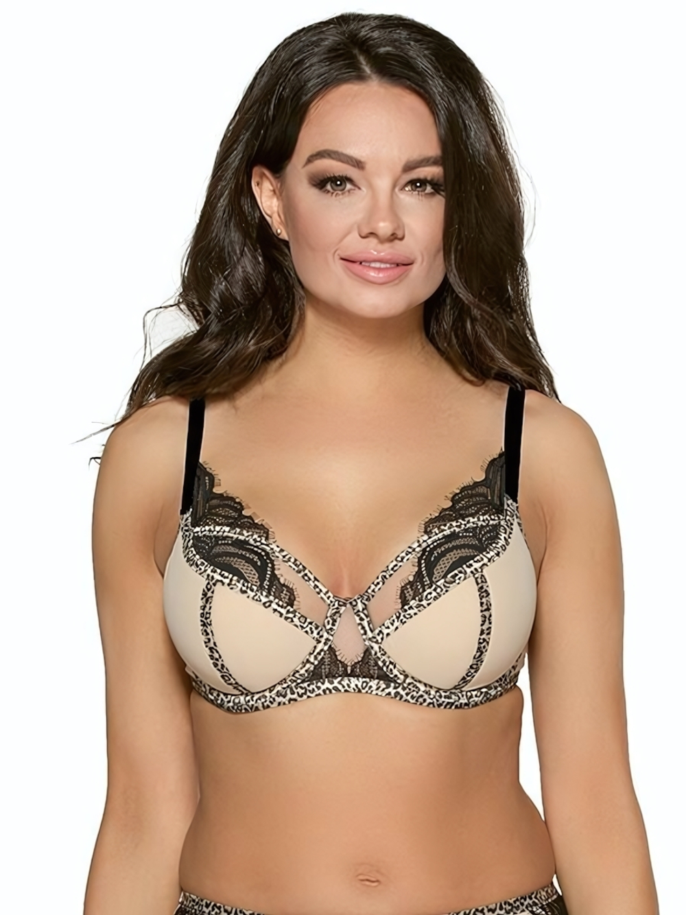 Бюстгальтер на косточках с отделкой кружевом и леопардовым кантом (Размер: 75G) (Цвет: телесный)