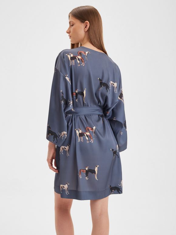 Шелковый халат-кимоно мини с борзыми графит