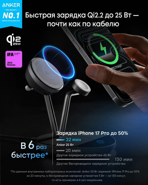 Беспроводная зарядная док-станция Anker Prime 3 в 1 MagGo, AirCool (B25X7) черный (Black Stone)