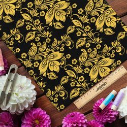 Ткань оксфорд 210 золотые цветы и ягоды в виде хохломы на чёрном фоне