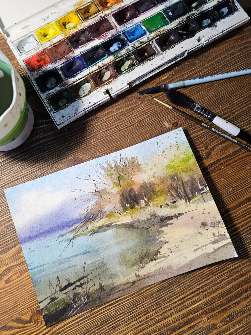 Картина авторская акварельная в паспарту 21х30 см на стену для интерьера "Весенний берег"