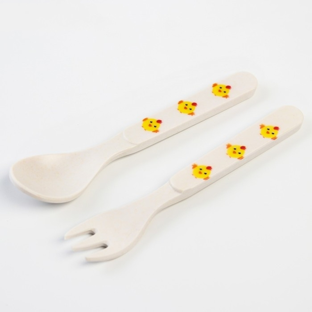 4780233 Набор бамбуковой посуды «Цыпленок», 5 предметов: тарелка, миска, стакан, вилка, ложка